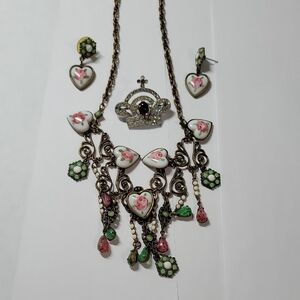 Vintage-Inspired Floral Heart Necklace & Earring Set - Green & Pink